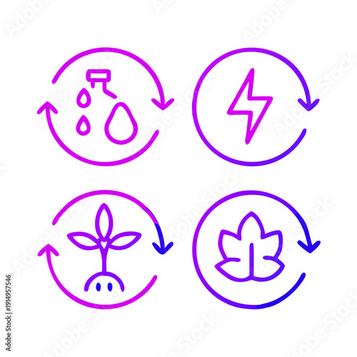 Four icons representing energy conservation, renewable energy, air quality, and sustainable living