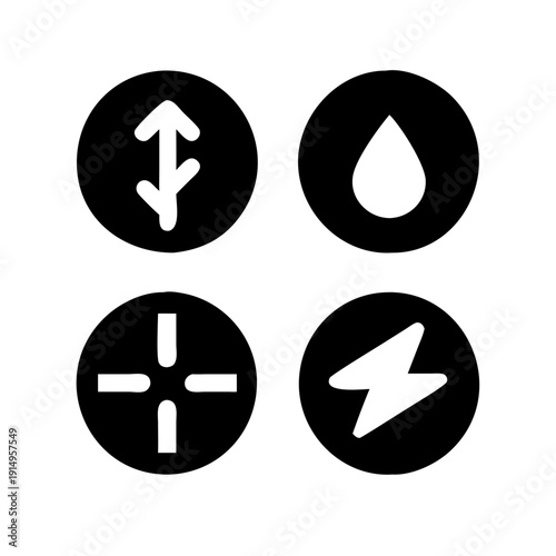 Four icons representing fundamental directional and elemental symbols in black and white