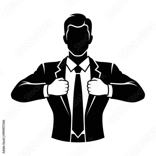 Man in suit revealing shirt underneath, confident gesture, black and white illustration.