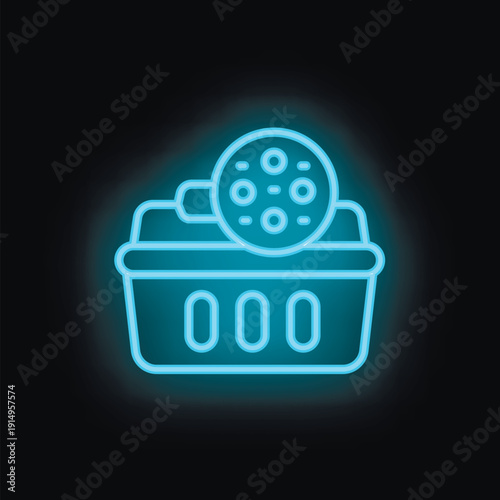 Glowing neon icon of a shopping basket with a magnifying glass hovering over, representing the concept of online grocery shopping