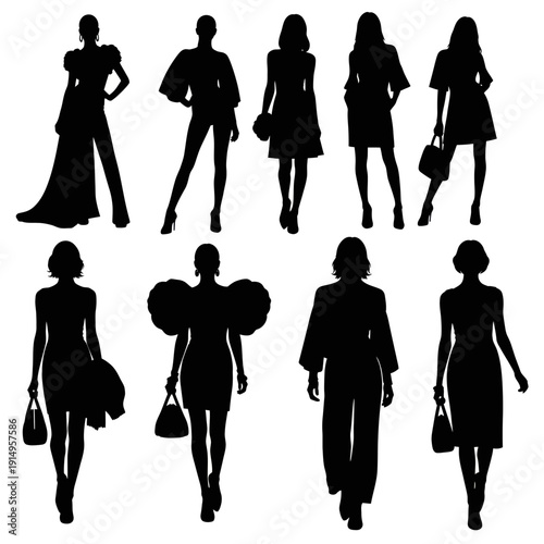 Collection of silhouettes of women in various outfits and poses.