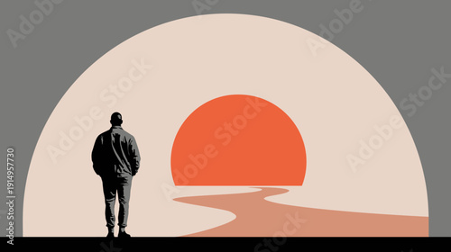A silhouette of a person standing, facing a setting sun and a winding path