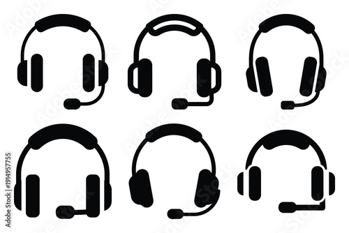 Popular silhouette icons of  support headset on white background.