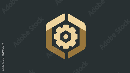 A geometric emblem features a gear inside a hexagon-shaped framework with a dark gray background