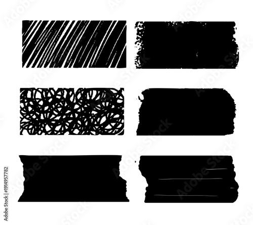 Abstract black ink brush strokes with scratchy hand drawn effect isolated on white.