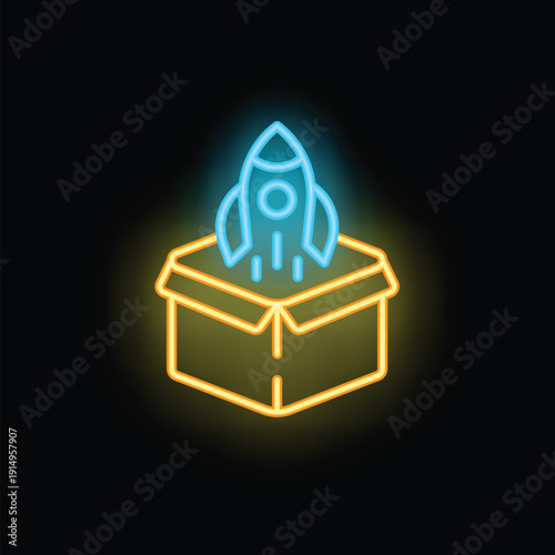 Neon sign representing a rocket launching from an open cardboard box, symbolizing startup business and growth