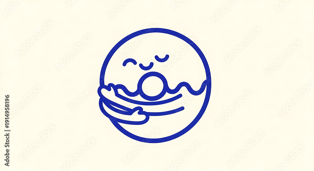 Obraz premium Cute Blue Line Art Donut Character Mascot Hugging Itself