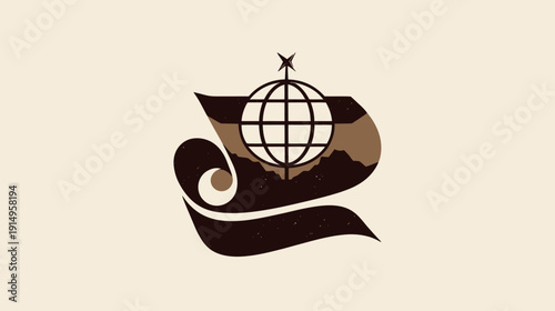 A vintage-style emblem of a globe, mountains, scroll, and star in earthy tones