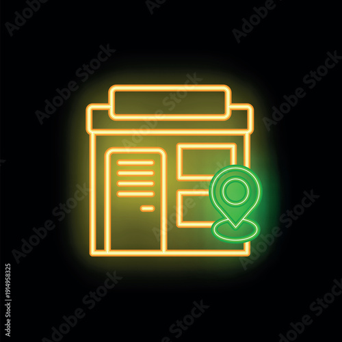 Glowing neon store location icon with green map pin on dark background, representing finding nearby businesses