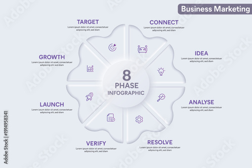 Petal Shape Neumorphism Infographic With 8 Options, Steps, Parts, Segments. Vector Illustration For Business Presentation, Annual Report Etc.