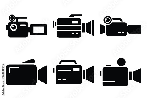 Popular silhouette icons of  video camera on white background.