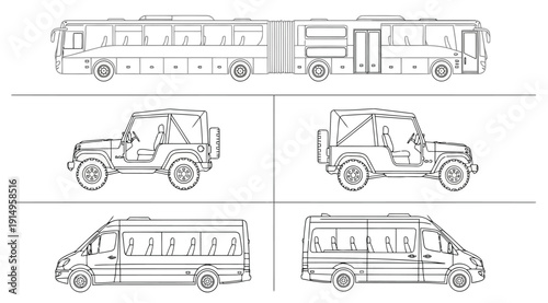 Technical drawings of a fire truck and a jeep