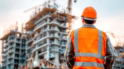 Elegant poto of Construction worker in orange safety vest observing a large building site during sunset