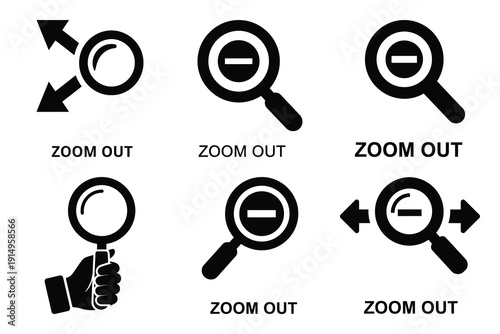 Popular silhouette icons of  zoom out on white background.
