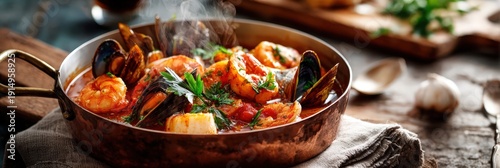 Panel kuchenny z motywem Rustic Home-style Portuguese Cataplana de Marisco in a copper Bowl with Fresh Herbs
