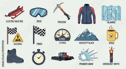 Winter Sports Equipment and Symbols: Bobsled, Goggles, Ice Axe, Jacket, Map, Flags, Gauge, Mountain, Mug, Boot, Stopwatch, Snowplow, Snowball, Flare