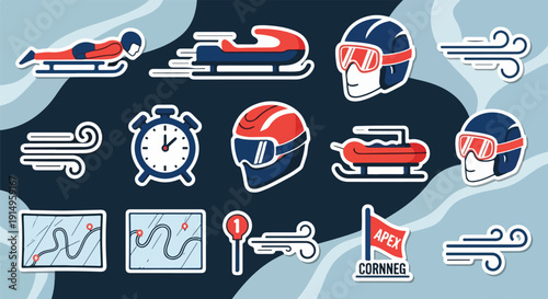Winter Sports Icons: Bobsleigh, Skeleton, Luge, Helmets, Stopwatch, Wind, and Track Map