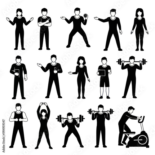 Collection of people exercising and working out in various poses and activities.