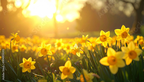 Bright yellow daffodil flowers blooming in a spring meadow