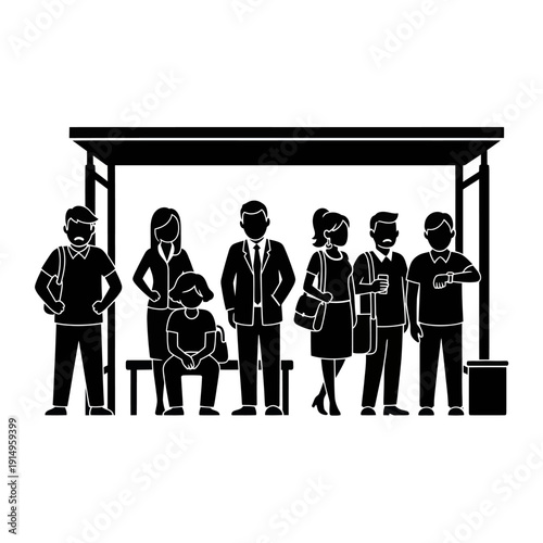 Group of people waiting at a bus stop shelter.
