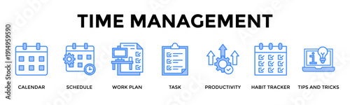 Time Management Banner Web Icon Set Collection Pack Vector Illustration Concept For Calendar, Schedule, Work Plan, Task, Productivity, Habit Tracker, Tips And Tricks