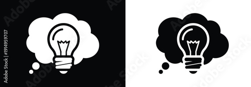 Idea Cloud Light Bulb Icons – Creative Thinking and Innovation Symbol in Flat Black Silhouette Style, Business Vector Isolated Background
