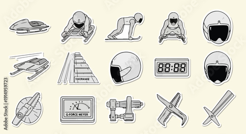Monochrome vector icons of winter Olympic sliding sports equipment: bobsleds, luge, skeleton sleds, helmets, and timers. Great for sports design.