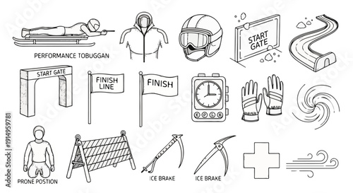 Line Art Icons Set for Winter Sports: Bobsled, Luge, Skeleton, Ice Track Racing. Equipment, Safety Gear, Start/Finish, Competition Elements.