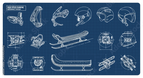 Blueprint of Bobsled and Skeleton Sledding Equipment and Helmets for High-Speed Winter Sports