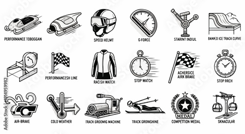 Set of icons representing winter sports, bobsledding, and racing equipment, with labels in English