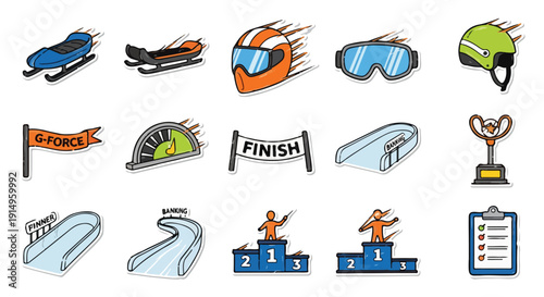 Winter Sports Icons: Sledding, Skiing, and Racing Equipment, Finish Line, Podium, and Trophy