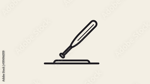 A black and white illustration of a baseball bat resting on a curved base