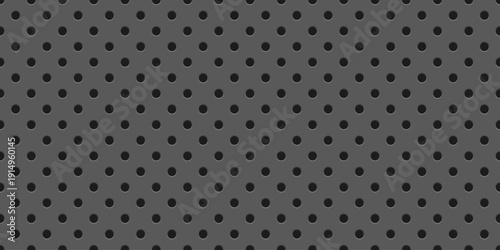 Dark grey perforated metal plate with circular holes. Realistic iron grill with 3d dot holes. Circle mesh backdrop forming a modern industrial pattern. Steel speaker grid. Vector illustration