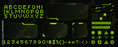 Futuristic green HUD elements and interface components including arrows, frames, shapes and pixel alphabet and numbers in a high-tech sci-fi style. Collection for games, cyberpunk or UI UX design 