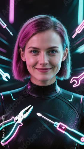 Wallpaper Mural Portrait of a young woman in futuristic suit surrounded by neon tools on dark cyberpunk background.
 Torontodigital.ca