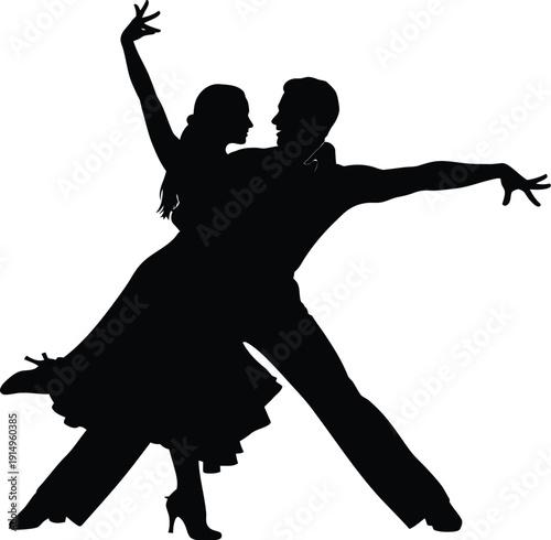 Dancing couple silhouette performs a passionate ballroom tango with.