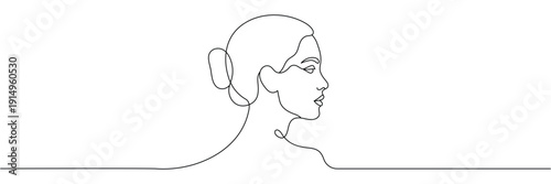 Continuous one line drawing of a beautiful woman profile face minimalist black ink sketch art. Editable stroke. Doodle hand drawn vector illustration