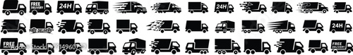 Truck Icons Collection – Cargo, Delivery and Transport Vehicle Symbols in Flat Black Silhouette Style, Logistics Vector Set Isolated Background
