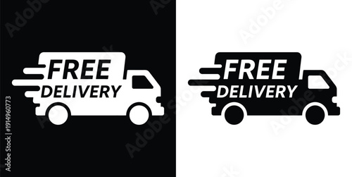 Free Delivery Van Icon – Fast Shipping Truck Symbol with Speed Motion Lines in Flat Black Silhouette Style, Logistics Vector Isolated Background

