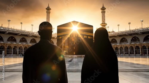 Silhouettes of Muslim couple facing Kaaba at sunset Mecca Saudi Arabia Hajj Umrah