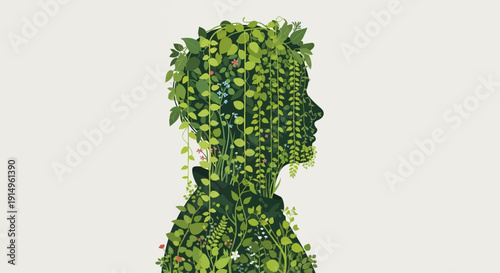 A person's silhouette made entirely of lush green leaves and plants viewed from the side