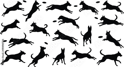 Dog Silhouettes Collection Jumping Running and Catching Frisbee Poses Isolated on White Background Active Pet Action Set