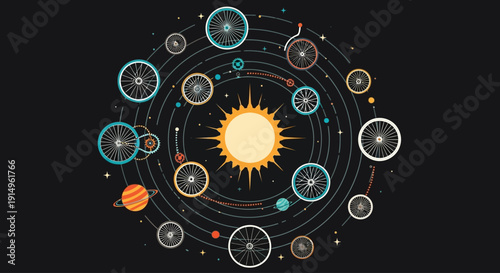 Illustration of the Solar System's planets orbiting around the Sun in a stylized circular pattern from a top-down viewpoint