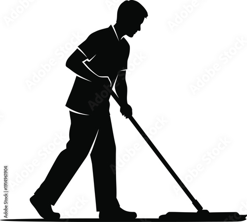 Male cleaner silhouette diligently mops a large floor surface with.