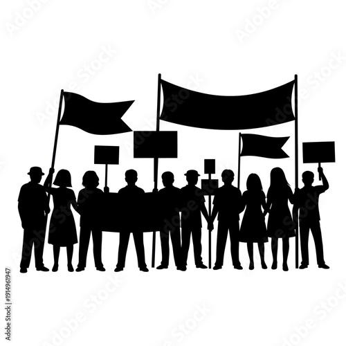 Group of protesters holding signs and flags in silhouette.