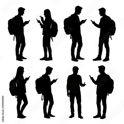Silhouettes of people with backpacks interacting on mobile phones.