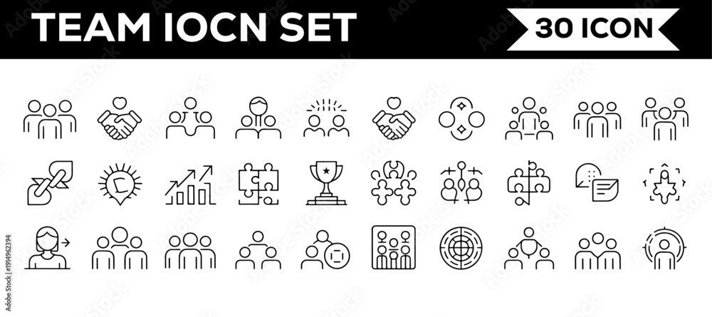 Obraz premium Team Icon Set, 30 Teamwork and Collaboration Line Icons for Business and Corporate Design