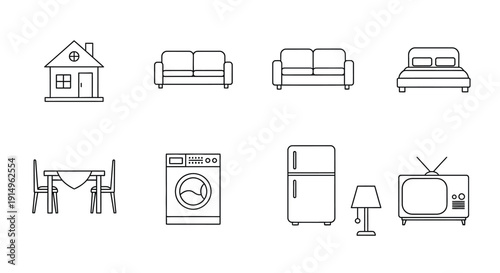 A collection of simple line drawings depicting various household items and furniture.