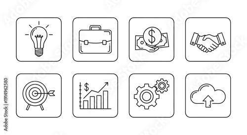 Icons representing various aspects of business and technology