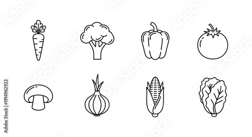 A delightful array of eight different vegetables drawn in a simple line art style.